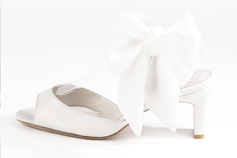 Off white women's open back sandals, with a scarf around the ankle. Square toe. Medium comma heels. Profile view - Florence KOOIJMAN